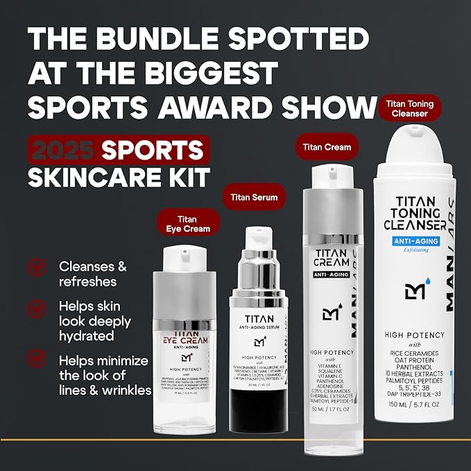 Man Labs Titan Sports 4pc Anti-Aging Mens Skin Care Kit, Mens Face Care Kit