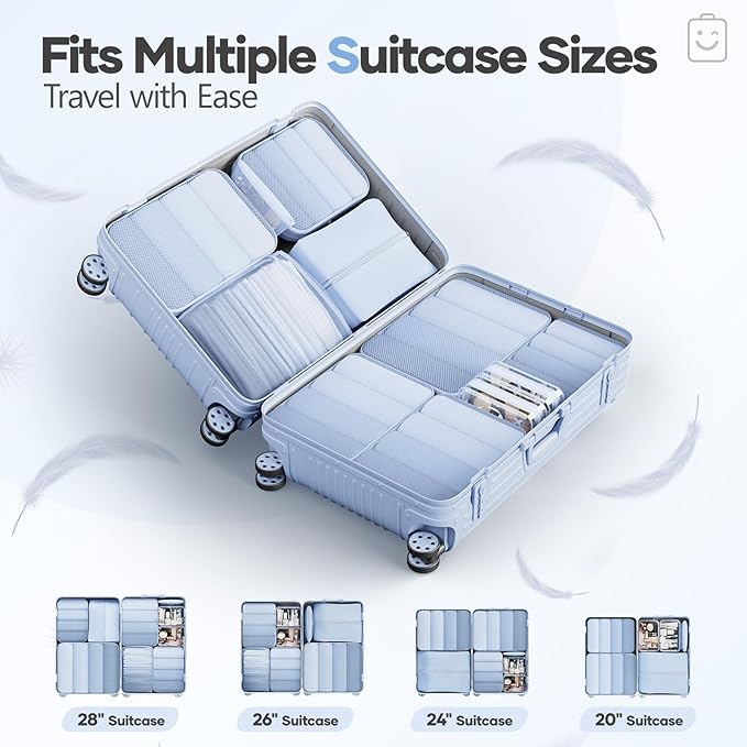 Veken 11 Set Compression Packing Cubes Garment Bags for Travel Essentials,Compressible Expandable Luggage Organizer Bags for Clothing,Space Saver Bags with Over 1000 pcs of Mesh Holes(Light Blue)