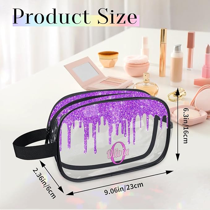 KFNHN Personalized Name Clear Toiletry Bag, Large Travel PVC Cosmetic Bag Portable Makeup Organizer Bag for Women Bathroom Shower Essentials, Dark Voilet Purple Fluid Shape Glittering