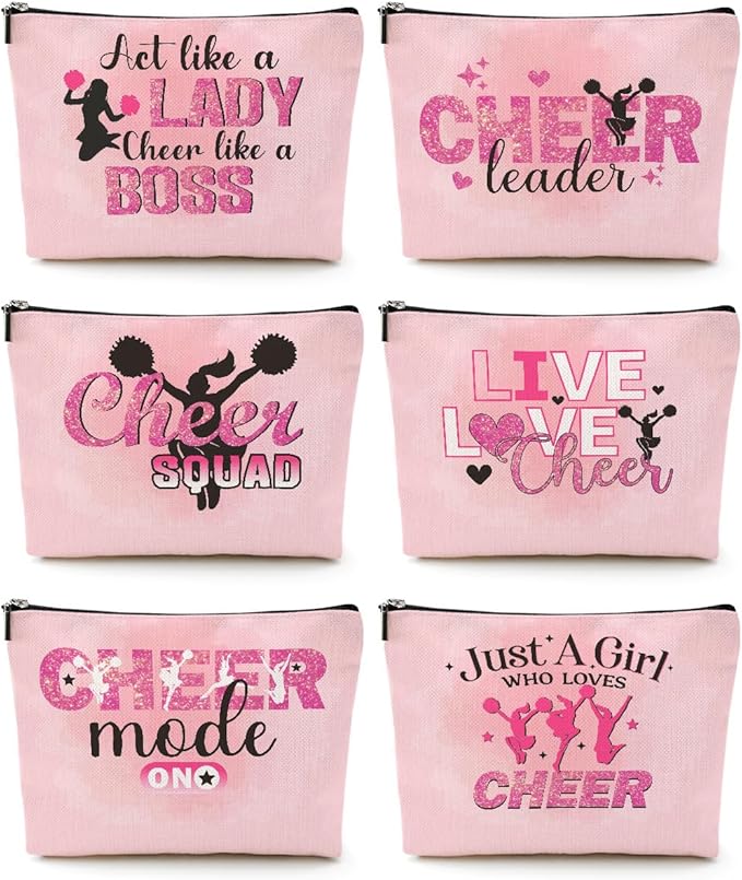CQM Cheerleader Gifts, 6 Pcs Cheer Makeup Bag, Cosmetic Bag For Women Girls Sisters Teammates Travel Toiletry Bag, Graduation Birthday Gifts Cheer Team Gifts