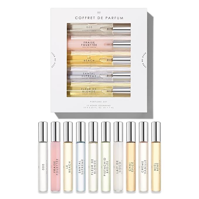 Le Monde Gourmand Coffret de Parfum Discovery Set, 10-Piece Mini Eau de Parfum Purse Spray Sampler, Gourmand, Floral & Fruity Fragrance Gift Set, 10 x 0.23 fl oz (7 ml)
