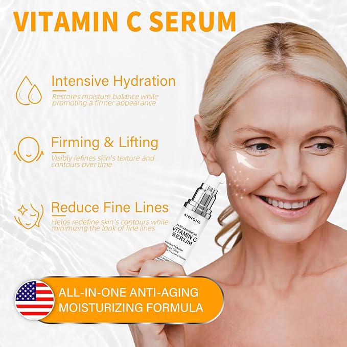 Anroha Super Vitamin C Face Serum for Women Over 70, Large Size 1.7 fl oz (50ml) - Fragrance-Free Multi-Tasking Age Defying Hydrating Complex for Mature Sensitive Skin