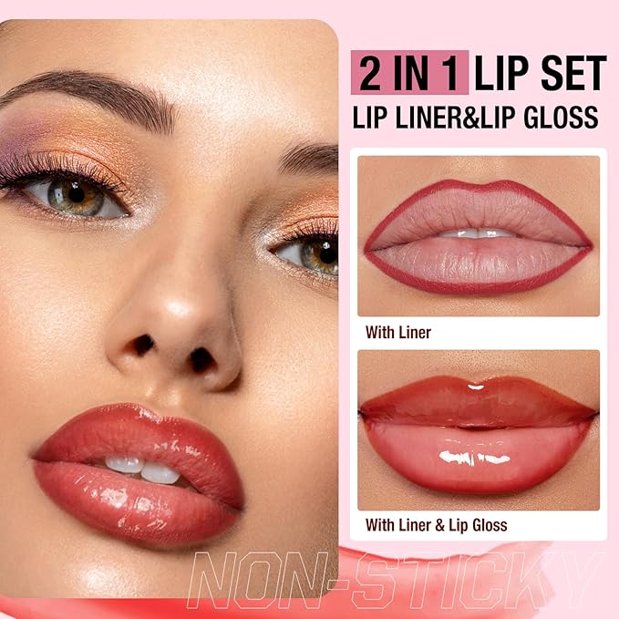 Jolilab Matte Lip Liner Lip Oil Set, Lip Makeup Set Natural Smooth Long-Lasting And Hydrating Beauty Daily Cosmetics Gift for Women Easy-to-Use（10pcs）