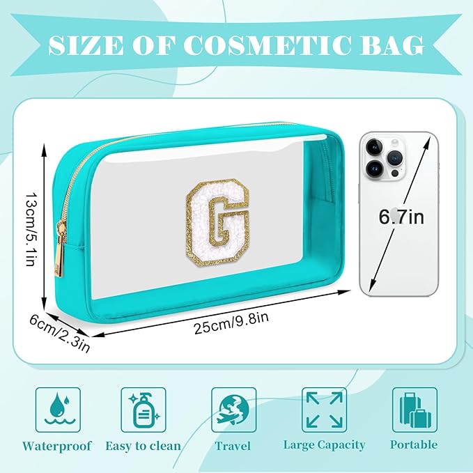 Personalized Initial Letter Clear Makeup Bag,Preppy Small Nylon&PVC Cosmetic Zipper Bag with Chenille Letter,Portable Beach Travel Skincare Toiletry Bag,Trendy Monogram Gift for Teen Girls Women,G