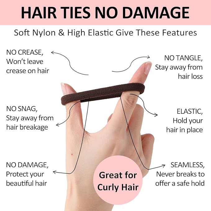 SUTHIA 120Pcs Large Brown Nylon Hair Ties for Thick Curly Hair No Damage, Big Soft Cloth Hair Elastic Bands & Seamless Stretchy Fabric Ponytail Holders for Women Girls, Perfect for Updos & Braids