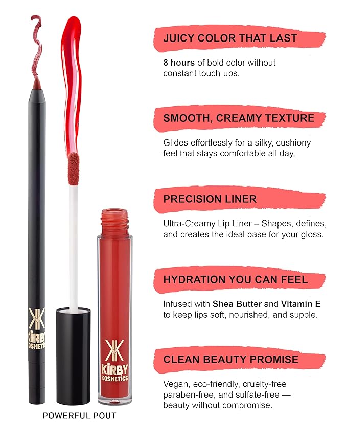 Kirby Kosmetics Lip Kit Duo – Powerful Pout - TikTok-Viral Precision Liner & Glossy Liquid Lipstick, Clean 2-Step Set with Hydrating Long-Wear Color – Bold Inclusive Beauty for Everyday Konfidence