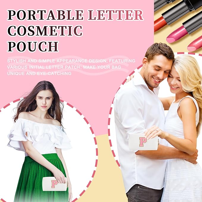 Personalized Initial Letter Patch Makeup Bag, Preppy Portable Chenille Cosmetic Bag with Zipper, PU Leather Waterproof Travel Toiletry Bag Monogram Make Up Pouch for Women Girls