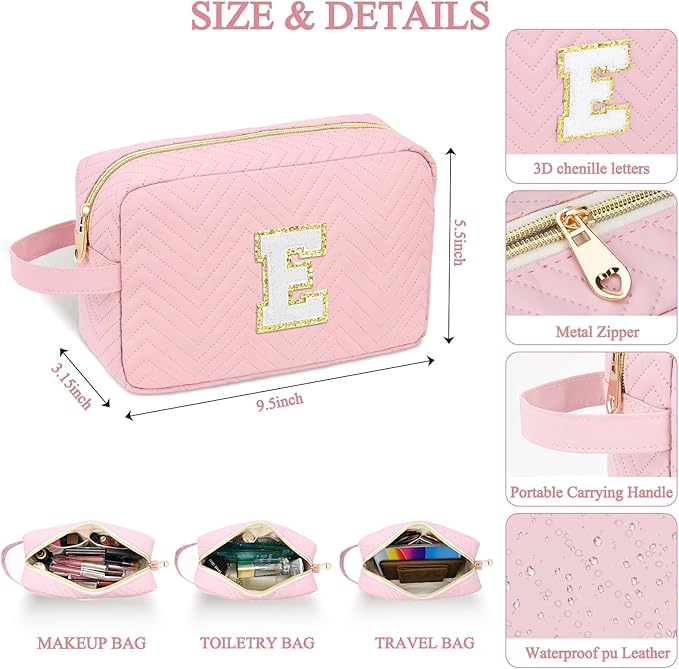 Sernaxi Personalized Initial Makeup Bag Waterproof Leather Cosmetic Bag Travel Toiletry Bag, Valentine’s Day Gift Makeup Organizer Case & Makeup Pouch for Women Teen Girls Mom Girlfriend Wife