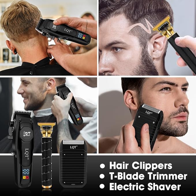 LQT 4-in-1 Men's Hair Clippers Kit, Includes Nose Hair Trimmer, Electric Shaver, and Engraving Trimmer, Wireless USB Rechargeable Grooming Set, Blue Ombre Design, Ideal Gift for Men (Black)