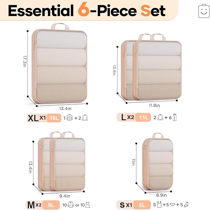 Veken 6/9/11 Set Compression Packing Cubes Garment Bags for Travel Essentials,Compressible Expandable Luggage Organizer Bags for Clothing,Space Saver Bags with Over 1000 pcs of Mesh Holes(Beige)