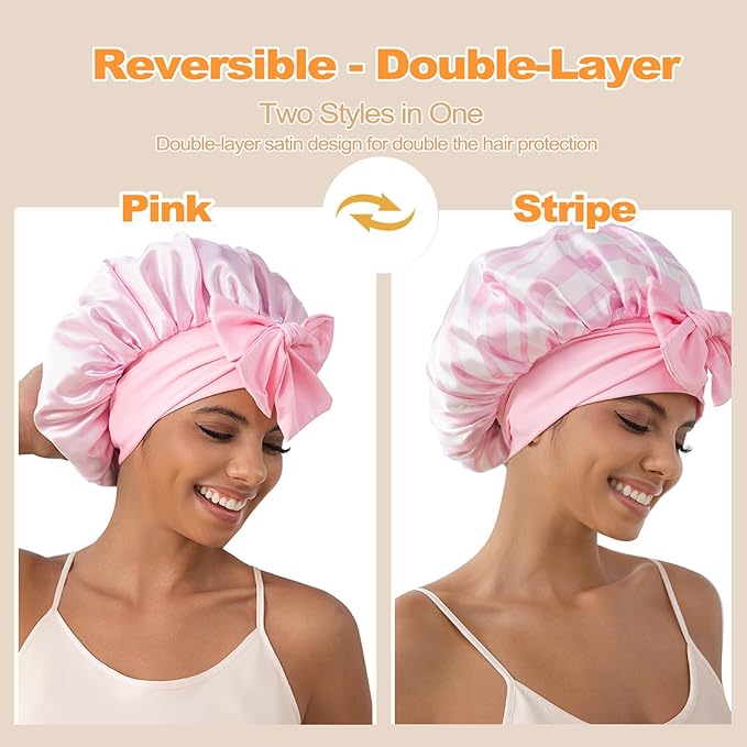 GDTOGRT Satin Silk Bonnet for Sleeping Women, Double Layer Sleep Hair Bonnets Caps for Curly Natural Hair with Tie Band - Pink Stripe