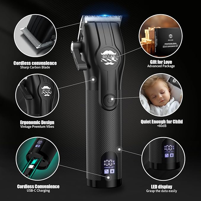 BILLAR® Cordless Barber Kit, Professional Hair Clipper Set with Trimmer and Foil Shaver, Rechargeable Haircut Grooming Tools for Men Barbers, Blackk