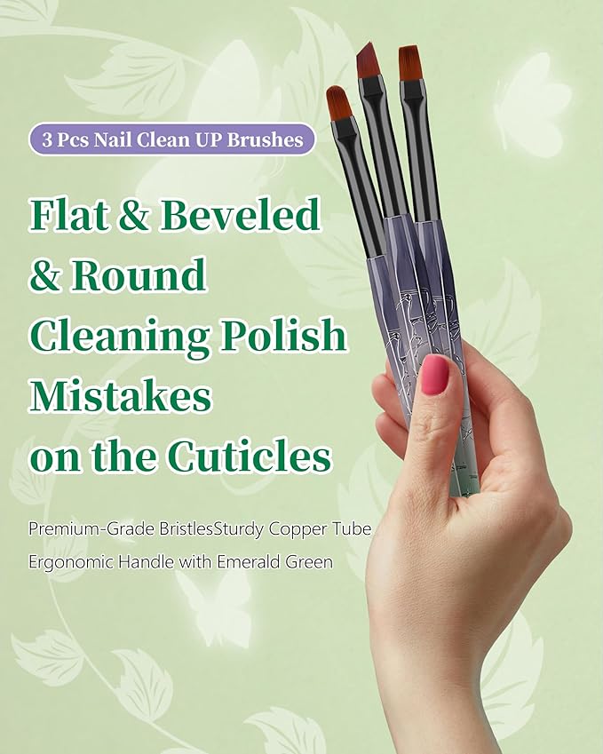 AMilHiTon 3PCS Nail Polish Clean Up Brush, Round/Flat/Angled, Gilded Green