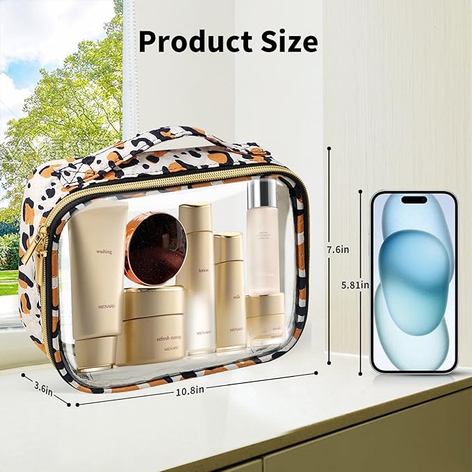 FAYORORY Travel Toiletry Bag,2 Pack Clear Makeup Bags with Handles,180°Opening Clear Cosmetic Bags for Traveling Women,Men,Travel Essentials,Leopard