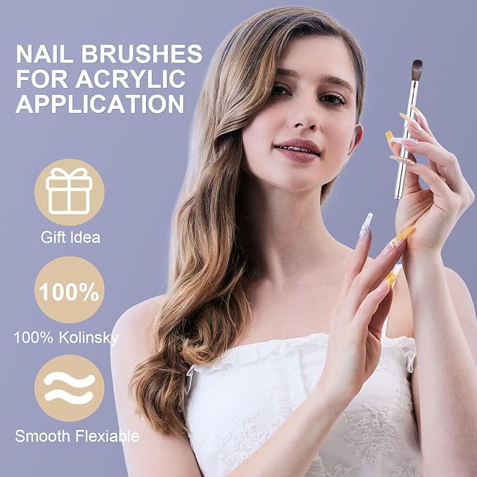 Shine Chance Acrylic Nail Art Brush Size 8, 100% Pure Kolinsky Hair Oval Nail Brush for Acrylic Application, Professional Nail Extension Manicure Tool Striping Nail Drawing Pen for DIY Home Salon