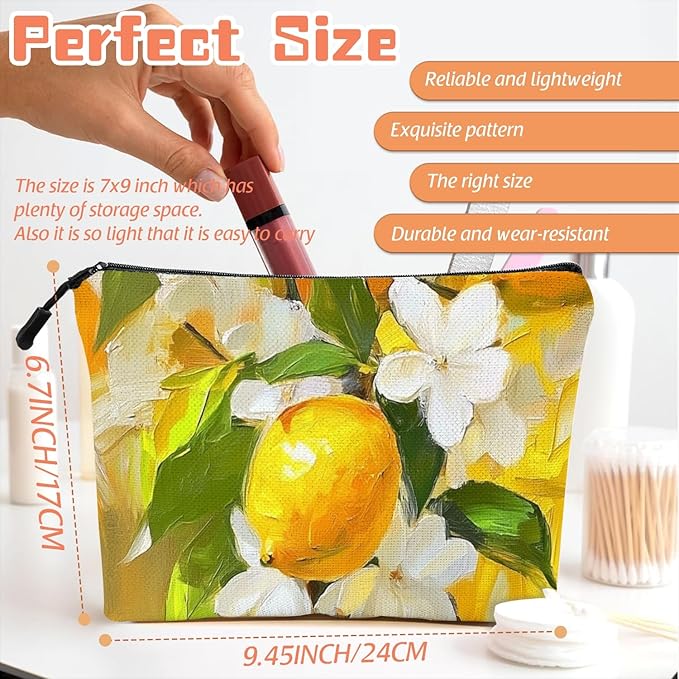 Scribesense Cosmetic Bags Travel Makeup Toilet Case Waterproof Pouch for Women Girls 6.7X9.45inches - Oil Painting of Lemons And White Flowers