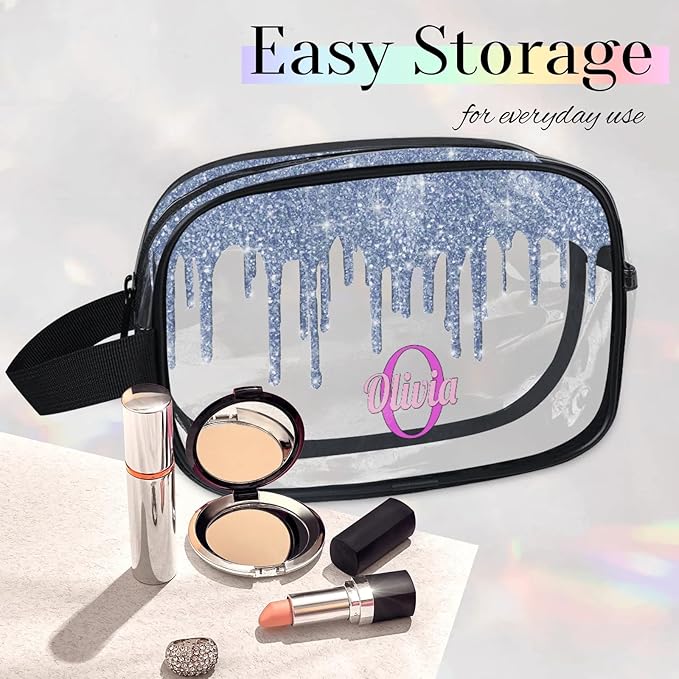 KFNHN Custom Travel Clear Cosmetic Bag with Name, Personalized Large Capacity Weekend PVC Transparent Toiletry Bag Portable Bathroom Makeup Organizer, Grey Blue Water Fluid Shape Glittering