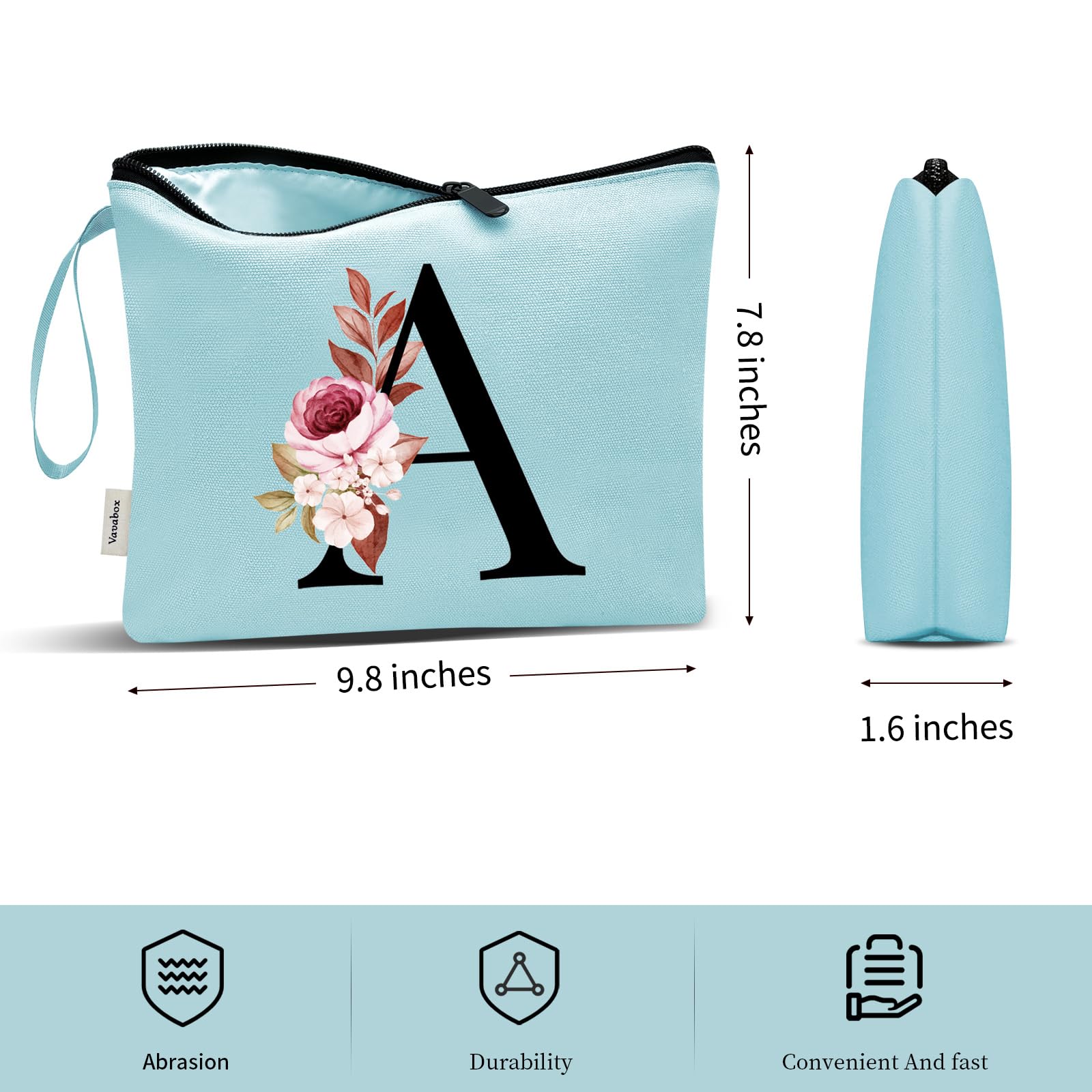 Vavabox A-Z Personalized Makeup Bag, Birthday Gifts for Women Mom, Gifts for Best Friend, Bride Bridesmaid Cosmetic bag (H, Aqua)