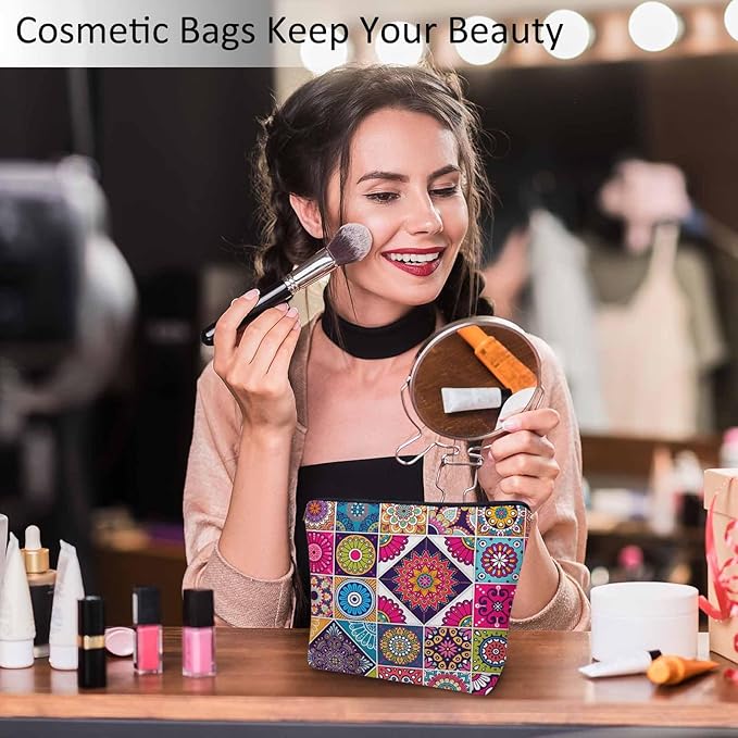 Kalygon Women Makeup Organizer Bag Mandala Floral, Colorful Ethnic Mandala Flower Patchwork Flax Cosmetic Bag Makeup Bags Toiletry Bag Accessories Organizer Travel Bags For Home Bathroom Office Hotel