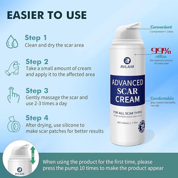 Rvlaim Silicone Scar Cream, Advanced Scar Removal Gel for Old & New Scars, Improves Color & Texture for Post-Surgery, C-Section & Acne Scars, Fast-Drying Non-Greasy Formula, 1.7 fl oz