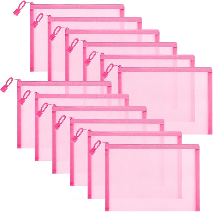 Sinzip 12 Pieces Zipper Nylon Mesh Pouch, Mesh Cosmetic Bags Makeup Bags Pencil Case, Multipurpose Travel Bags for Cosmetic School Office Supplies and Travel Accessories (Pink, A5)