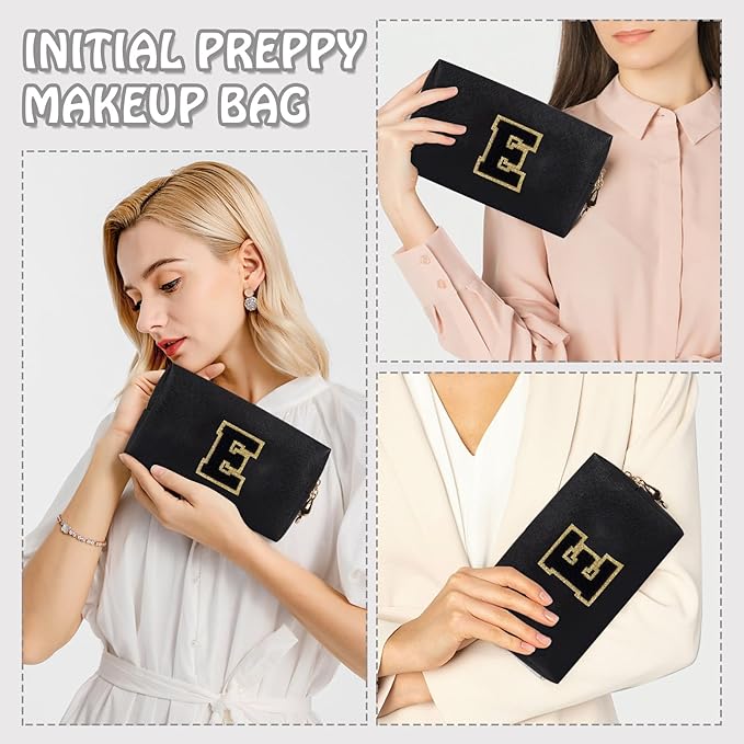 Personalized Chenille Letter Preppy Makeup Bag, Small Initial Black Travel Cosmetic Organizer Toiletry Pouch Monogram Makeup Storage, Waterproof Make Up Case Travel Essentials for Women Her(Letter E)