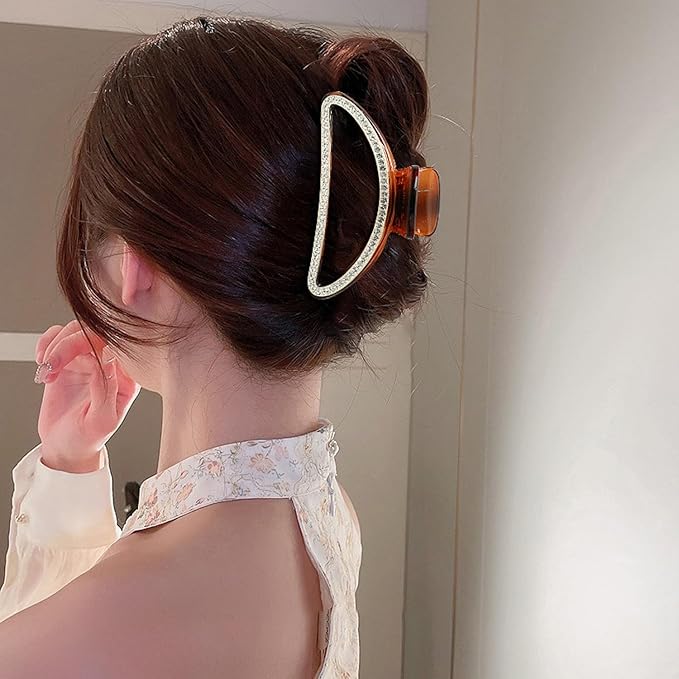 SINIDE Crystal Hair Clips, Semicircle Rhinestone Claw Clips Nonslip Acrylic Jaw Clip for Thin Long Hair, Fashion Elegant Clamps Accessories for Women Ladies Strong Hold Barrette for Styling (2 Pack)
