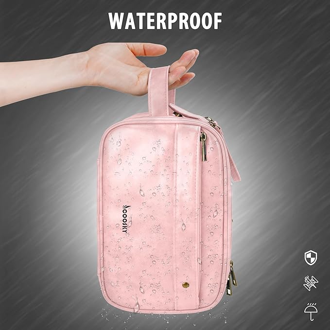 COOSKY Travel Toiletry Bag for Women, Large Hanging Toiletries Organizer Bags for Men, Cruise Ship Essentials, Water-resistant Shaving Case, PU Leather Makeup Accessories, Cosmetic Dopp Kit, Pink