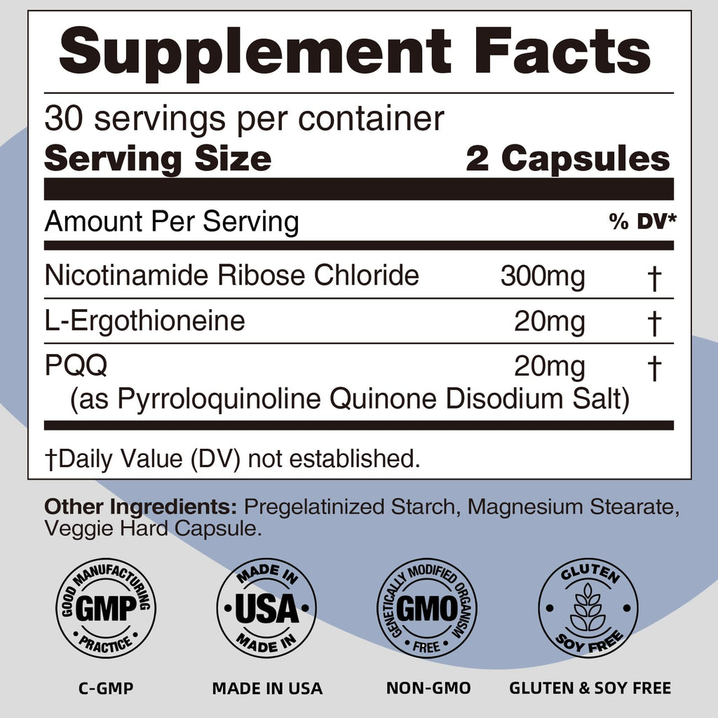 REOTT NR Nicotinamide Riboside Supplement 300mg, Supports NAD+ Boosting, 60 Capsules, with L-Ergothioneine and PQQ for Cell Health & Healthy Aging