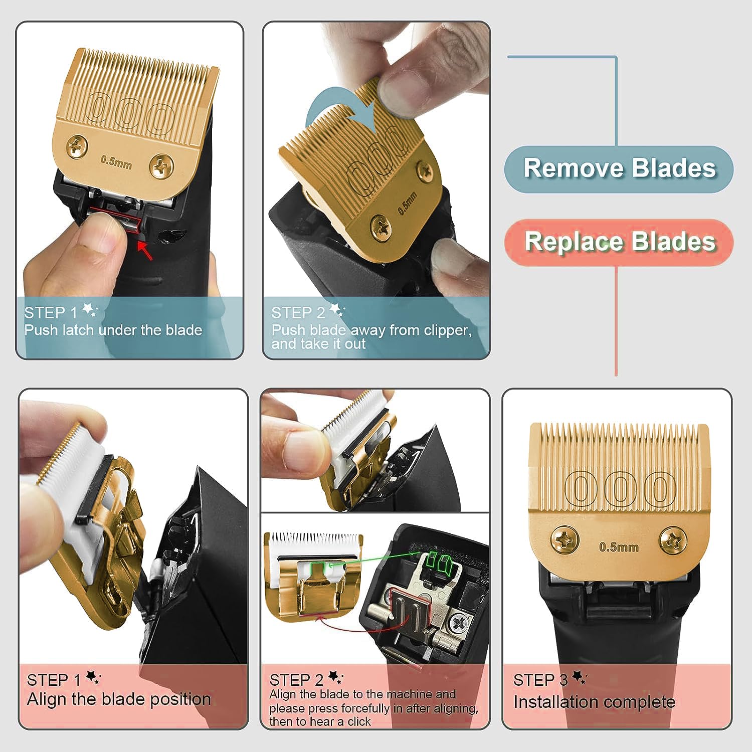 5 Pack Professional Detachable Replacement Blades Set,Compatible with Andis AGC,BDC,BGC,MBG Series/Oster Classic 76/Star-Teq/Power-Teq/A5 Clipper Cut Length（1/16-1/8inch) Golden