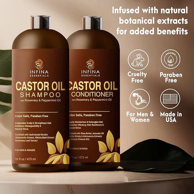 Castor Oil Shampoo and Conditioner Set for Hair Growth, 16 fl oz