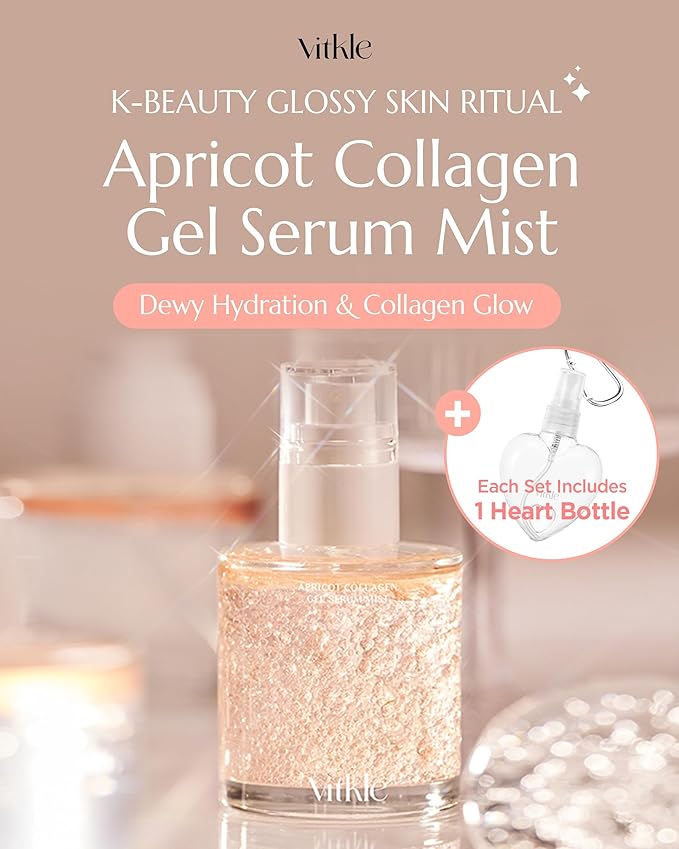 Vitkle Apricot Collagen Gel Serum Mist Korean Face Moisturizer Spray - 8 Layer Hyaluronic Acid and Bakuchiol - Heart Shape Clear Keychain Refillable Travel Portable Bottle, 6.76 fl.oz