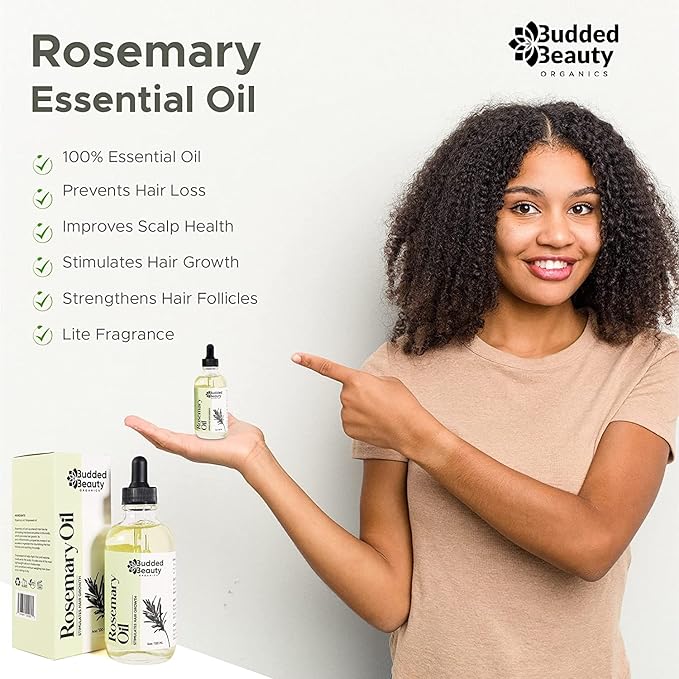 BuddedBeauty Organics Natural Rosemary Essential Oil for Hair Growth - Hair Treatment with Dropper Bottle for Women and Men
