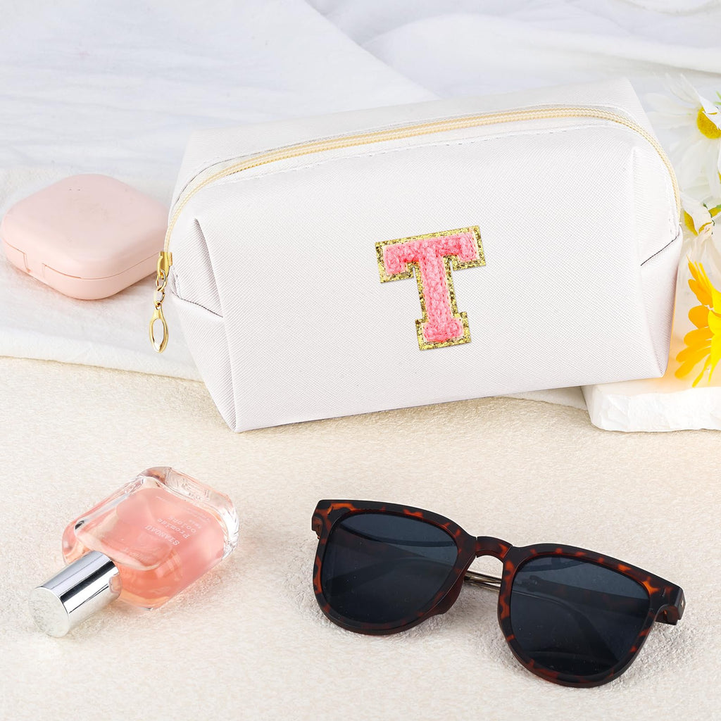 URSKYTOUS Initial Makeup Bag Personalized Preppy Travel Small Cosmetic Bag Cute PU White Chenille Letter Makeup Pouch for Purse Waterproof Zippered Toiletry Organizer for Women Girls Kids Friends (T)