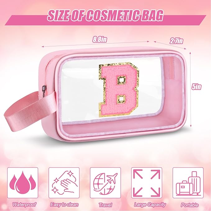 Vodolo Initial Makeup Bag,Letter B Cute Clear Monogrammed Cosmetic Travel Bag for Womens Girls,Personalized Pink Aesthetic Traveling Make Up Organizer Bag for Beach,Waterproof Toiletry Bag
