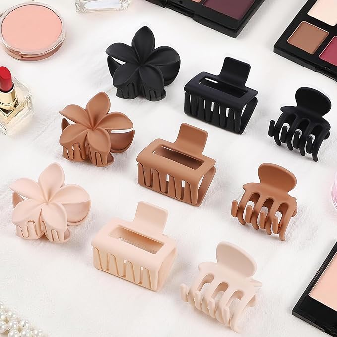 Hair Clips for Women 9 Pack Medium Claw Clips, No Slip Strong Hold Hair Clips for Thick & Thin Hair, Flower Square Aesthetic Styles for Everyday Styling, Trendy Hair Accessories (Brown)