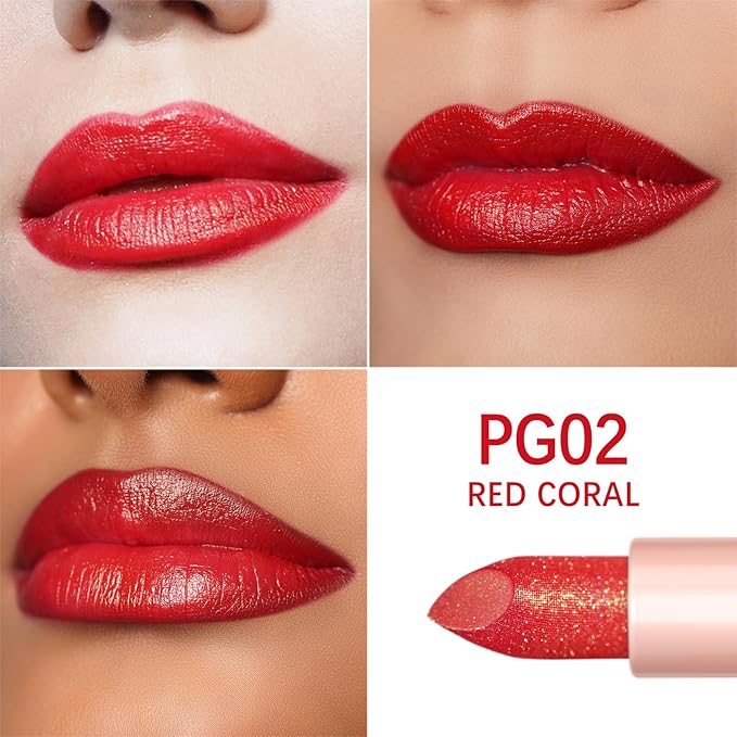 Oulac Moisturizing Coral Red Lipstick - Tinted Lip Balm Infused with Damask Rose Oil Alleviate Lips, Shiny & Lightweight Lip Makeup Vegan & Gluten Free, PG02 Red Coral