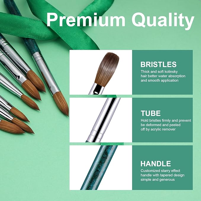 Acrylic Nail Brush Size #10, 100% Pure Kolinsky Nail Art Brushes for Acrylic Application, Sturdy Starry Handle Oval Shaped Nail Design Tools for Professional Manicure DIY, Green