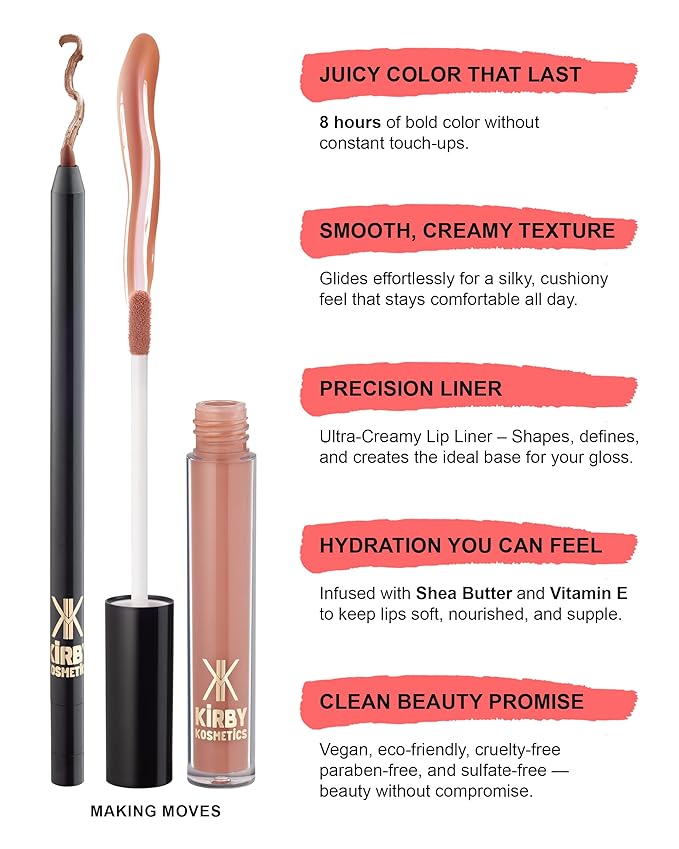Kirby Kosmetics Lip Kit Duo – Making Moves - TikTok-Viral Precision Liner & Glossy Liquid Lipstick, Clean 2-Step Set with Hydrating Long-Wear Color – Bold Inclusive Beauty for Everyday Konfidence
