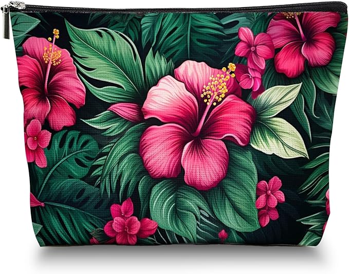 Scribesense Makeup Bag Travel Cosmetic Bags Small Makeup Case Waterproof Zipper Pouch for Women Girls 7X9inches - Bold Hibiscus Flowers with Green Foliage