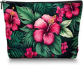 Scribesense Makeup Bag Travel Cosmetic Bags Small Makeup Case Waterproof Zipper Pouch for Women Girls 7X9inches - Bold Hibiscus Flowers with Green Foliage