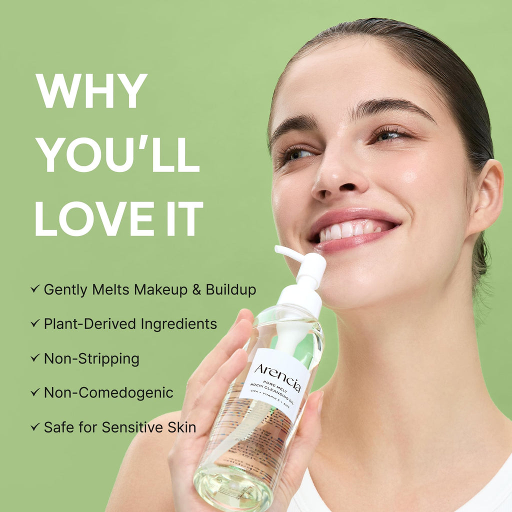 ARENCIA Pore Melt Mochi Makeup-Removing Cleansing Oil, Non-Comedogenic, Rice Amino Acids HD, Vitamin E, Cica, & Ceramide, 6.76 fl oz