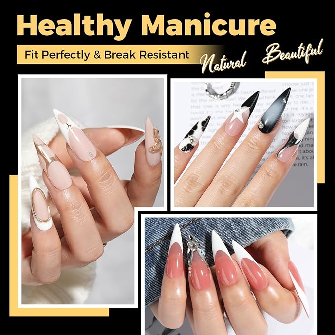 UNA GELLA Long Stiletto Gel Nail Tips 600Pcs Pre Etched Long Stiletto Almond Nail Tips Clear Fake Nails Press on Nails No C Curve for DIY Art Salon at Home 12 Sizes
