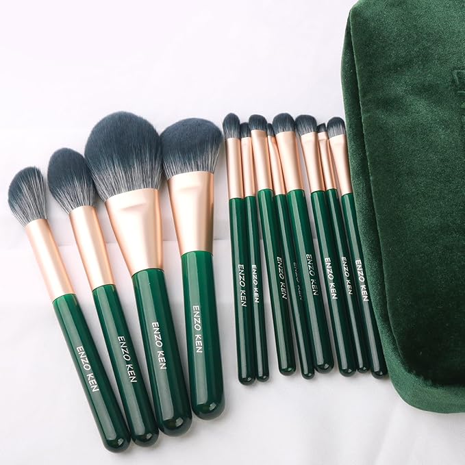 ENZO KEN Natural Fiber & Goat Hair Makeup Brush Set Professional, Combined Hair Makeup Brushes Set with Case, Green Cosmetic Brushes Makeup Set, Natural Makeup Brushes, Natural Bristle Makeup Brushes.