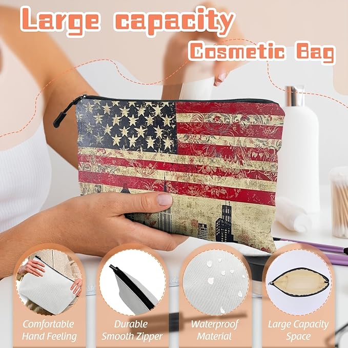 Scribesense Cosmetic Bags Travel Makeup Toilet Case Waterproof Pouch for Women Girls 6.7X9.45inches - American Flag And Urban Skyline Fusion