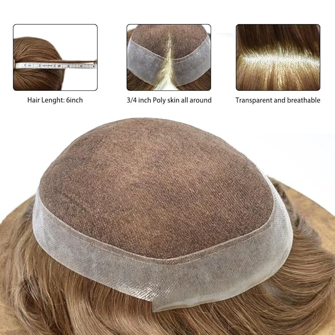 FACE MIRACLE Lace Front Mens Toupee Human Hair System Swiss Lace Center Toupee for Men Thin Skin PU Around Hair Replacement System V-Looped Mens Hair Wig Units 6"X9" 17R#BROWN/BLONDE MIX WARM TONE