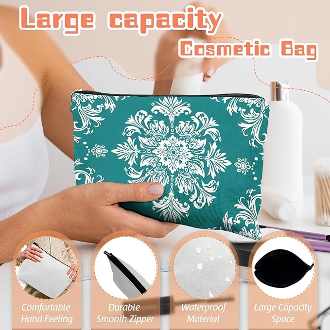 Scribesense Makeup Bag Travel Cosmetic Bags Small Makeup Case Waterproof Zipper Pouch for Women Girls 7X9inches - White Floral Ornamentation in A Circular Layout