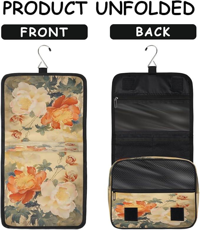 YoYoYuchong Travel Toiletry Bag for Women & Men Ethnic Flower Peony Hanging Cosmetic Organizer Portable Waterproof Makeup Case Make Up Bag with Compartments Travel Essentials for Bathroom Shower