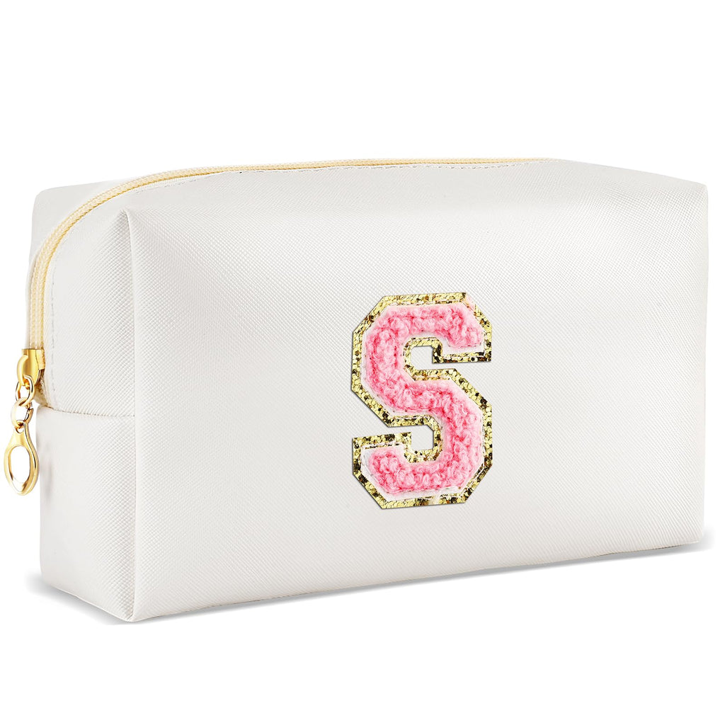 URSKYTOUS Initial Makeup Bag Personalized Preppy Travel Small Cosmetic Bag Cute PU White Chenille Letter Makeup Pouch for Purse Waterproof Zippered Toiletry Organizer for Women Girls Kids Friends (S)