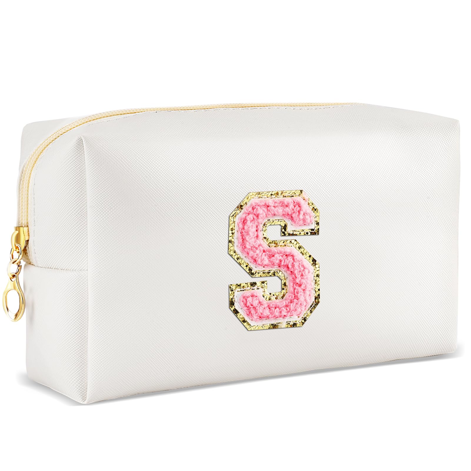 URSKYTOUS Initial Makeup Bag Personalized Preppy Travel Small Cosmetic Bag Cute PU White Chenille Letter Makeup Pouch for Purse Waterproof Zippered Toiletry Organizer for Women Girls Kids Friends (S)